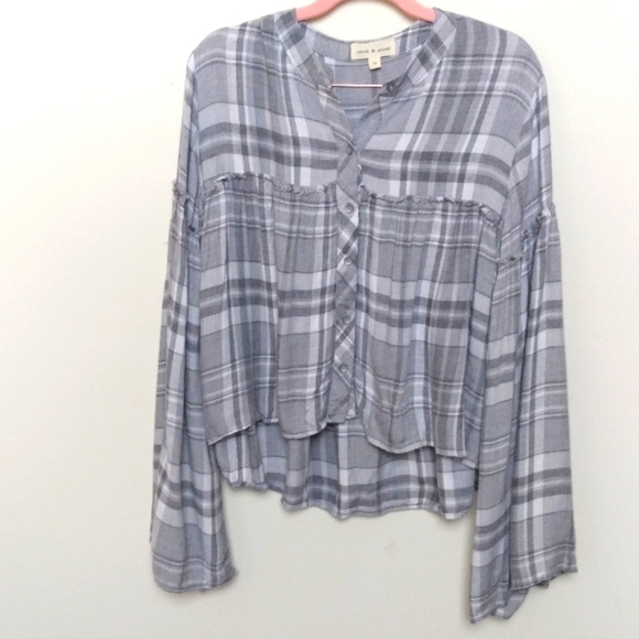 Anthropologie Cloth & Stone Gray Plaid Flannel Bell Sleeve Tunic Top Size Medium - Picture 1 of 9